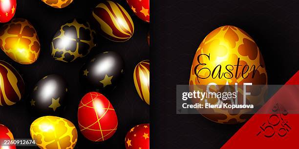 a luxurious seamless easter pattern + discount banner featuring vibrant easter eggs on a dark, seamless, elegant background. a stylish, festive spring vector template for seasonal sales. - easter seamless pattern stock illustrations