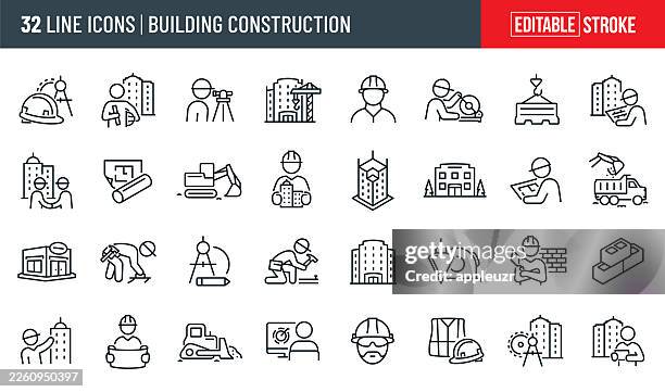 ilustraciones, imágenes clip art, dibujos animados e iconos de stock de iconos de línea fina de construcción de edificios - trazo editable - casco duro
