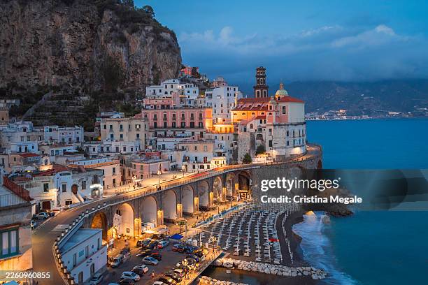 twilight over atrani on the amalfi coast, r - coastal road stock pictures, royalty-free photos & images