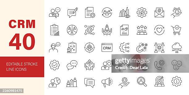illustrazioni stock, clip art, cartoni animati e icone di tendenza di icone crm impostata. collezione di icone per la gestione delle relazioni con i clienti. icone di linea modificabili. illustrazione vettoriale. - gestione delle relazioni con i clienti