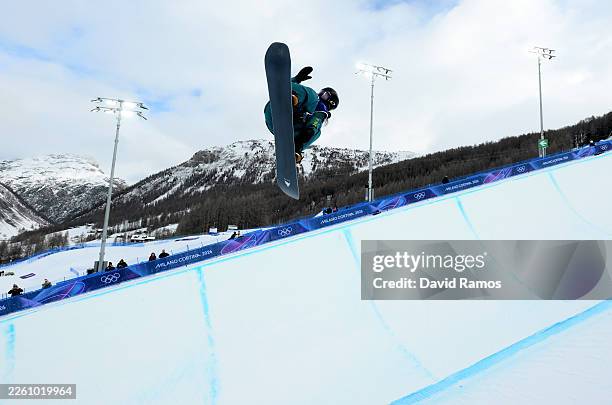 Amelie Haskell of Team Australia warms up prior to Women's Snowboard Halfpipe Qualification on day five of the Milano Cortina 2026 Winter Olympic...