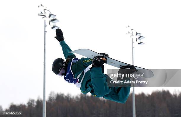 Amelie Haskell of Team Australia warms up prior to Women's Snowboard Halfpipe Qualification on day five of the Milano Cortina 2026 Winter Olympic...