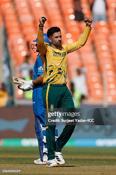 Keshav Maharaj of South Africa celebrates victory in the second super over during the ICC Men's T20 World Cup India & Sri Lanka 2026 match between...