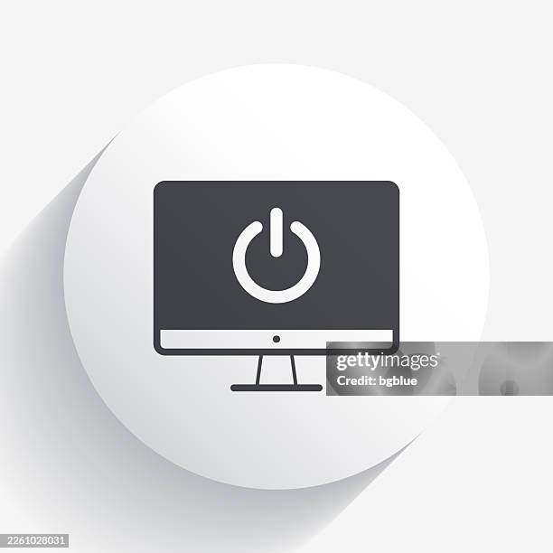 desktop computer with power button. icon on circle button with long shadow - desktop computer screen close stock illustrations