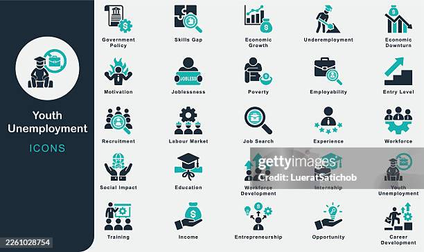 youth unemployment solid icons collection.containing joblessness, labor market, workforce, skills gap, education, training, opportunities, internships, career development, experience, job search, work - employability icons stock illustrations