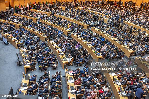 Delegates attend the opening assembly inside the Nelson Mandela Hall during the 39th Ordinary Session of the Assembly of the African Union at the AU...