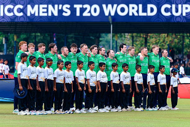 Colombo , Sri Lanka - 14 February 2026; Ireland teammates line up for the national anthem during the ICC Men's T20 World Cup group stage match...
