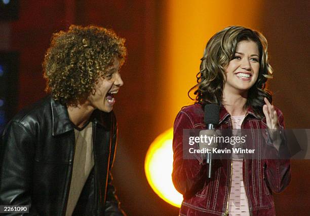 American Idol winner Kelly Clarkson and Justin Guarini right after Clarkson was announced the winner of the contest at the Kodak Theatre in...