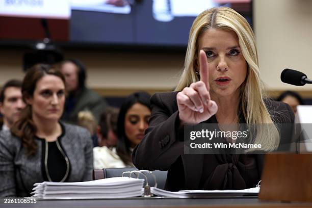 Attorney General Pam Bondi testifies before the House Judiciary Committee in the Rayburn House Office Building on February 11, 2026 in Washington,...