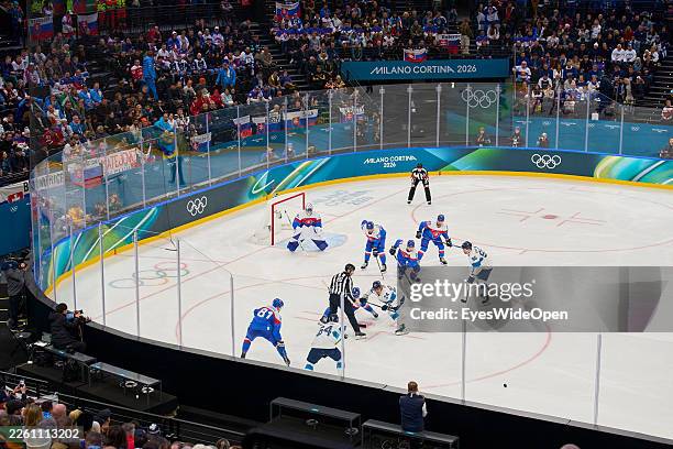 Bully with all teams is seen during the Men's Preliminary Round Group B match between Slovakia and Finland on day five of the Milano Cortina 2026...