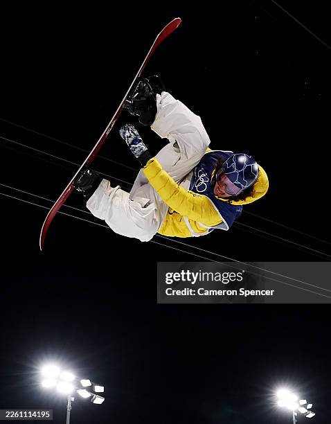 Valentino Guseli of Team Australia competes in run two of the Men's Snowboard Halfpipe Qualification on day five of the Milano Cortina 2026 Winter...