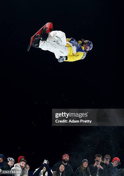 Valentino Guseli of Team Australia competes in run two of the Men's Snowboard Halfpipe Qualification on day five of the Milano Cortina 2026 Winter...