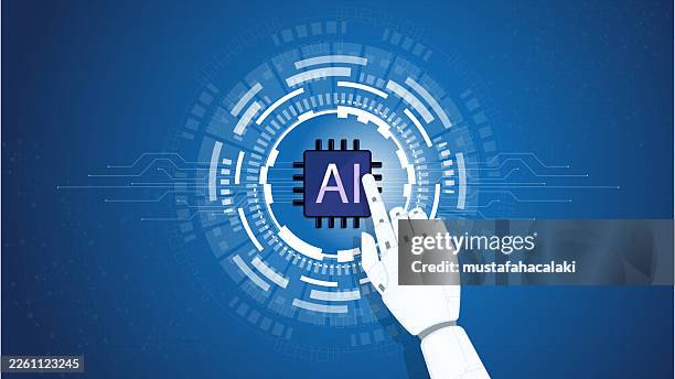 robotic hand touching an artificial intelligence chip - robot background stock illustrations