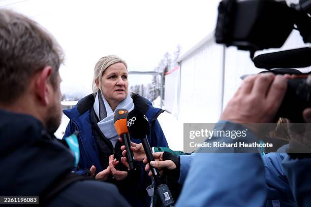 President Kirsty Coventry speaks to the media after Vladyslav Heraskevych of Team Ukraine was disqualified from competition in the Men's Skeleton on...