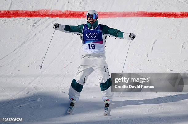 Cooper Woods of Team Australia reacts as he competes in Men's Freestyle Skiing Moguls Qualification 2 on day six of the Milano Cortina 2026 Winter...