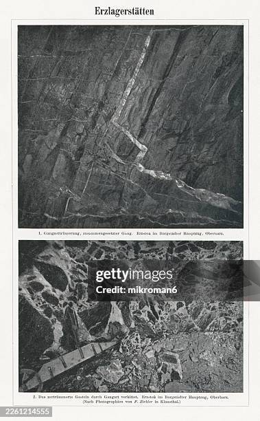 old engraved illustration of geological formations related to ore mining - siluriano imagens e fotografias de stock