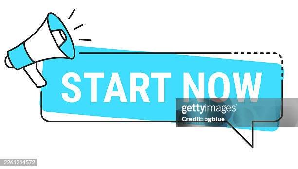 start now - speech bubble and megaphone on white background - voice activated stock illustrations