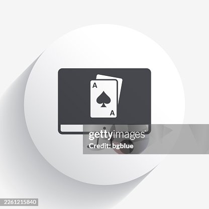 Desktop computer with playing card. Icon on circle button with long shadow Desktop computer with playing card. Icon on circle button with long shadow