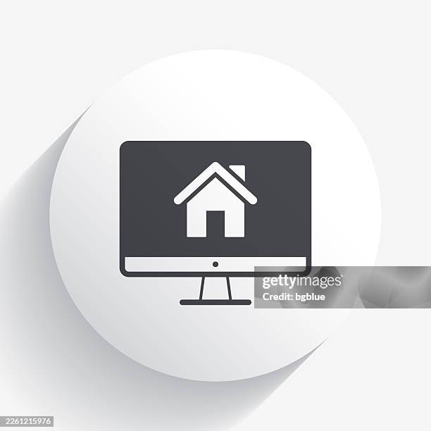 desktop computer with smart home. icon on circle button with long shadow - using desktop computer at home stock illustrations