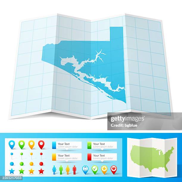 bay county, florida map with location pins on white background - florida map pin stock illustrations