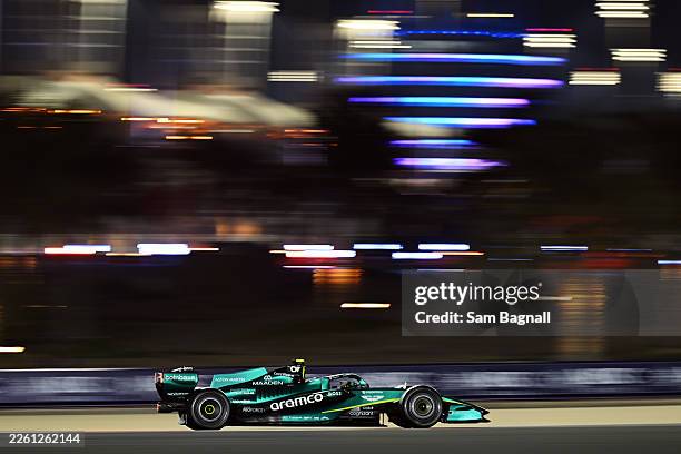 Fernando Alonso of Spain driving the Aston Martin F1 Team AMR26 Honda on track during day two of F1 Testing at Bahrain International Circuit on...