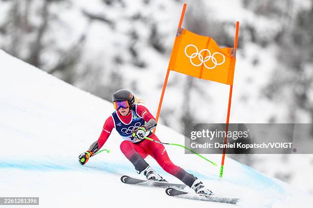 Corinne Suter of Team Switzerland in action during the Women's Super G on day six of the Milano Cortina 2026 Winter Olympic Games at Tofane Alpine...