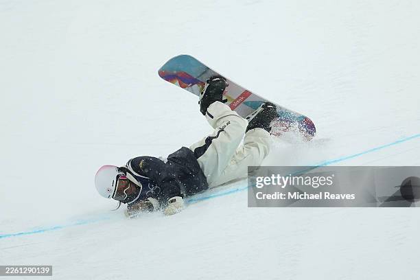 Sena Tomita of Team Japan crashes in the Women’s Snowboard Halfpipe Final on day six of the Milano Cortina 2026 Winter Olympic games at Livigno Snow...