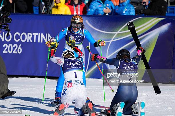 Federica Brignone of Team Italy wins the gold medal, Thea Louise Stjernesund of Team Norway wins the silver medal, Sara Hector of Team Sweden wins...