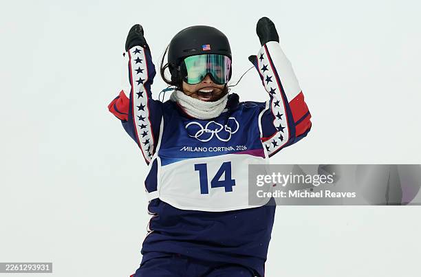 Chloe Kim of Team United States reacts after competing in run one of the Women’s Snowboard Halfpipe Final on day six of the Milano Cortina 2026...