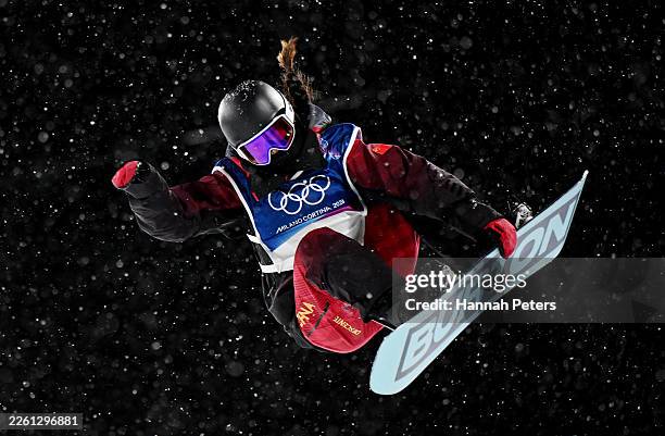 Shaotong Wu of Team People's Republic of China competes in run two of the Women’s Snowboard Halfpipe Final on day six of the Milano Cortina 2026...
