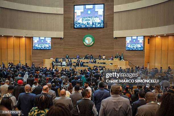 Delegates attend the closing ceremony inside the Nelson Mandela Hall during the 39th Ordinary Session of the Assembly of the African Union at the AU...