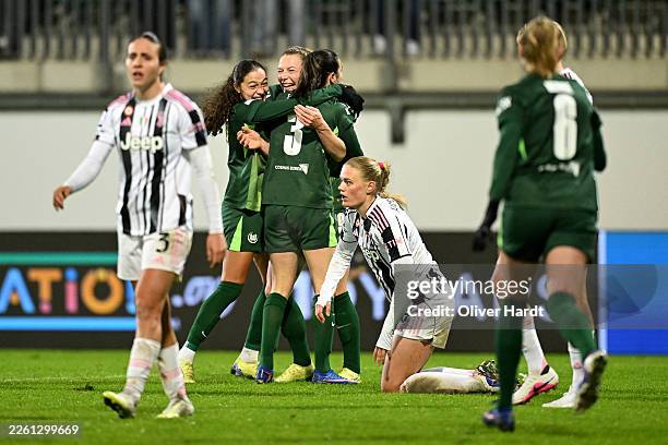 Sarai Linder of VfL Wolfsburg celebrates scoring her team's second goal with teammates during the UEFA Women's Champions League 2025/26 KO play-offs...