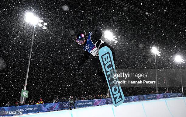 Gaon Choi of Team Republic of Korea competes in run three of the Women’s Snowboard Halfpipe Final on day six of the Milano Cortina 2026 Winter...