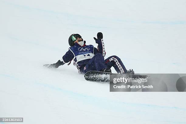 Silver medalist Chloe Kim of Team United States reacts after she crashes in run three of the Women’s Snowboard Halfpipe Final on day six of the...
