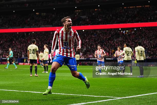 Antoine Griezmann of Atletico de Madrid celebrates scoring his team's second goal during the Copa Del Rey Semi-Final First Leg match between Atletico...