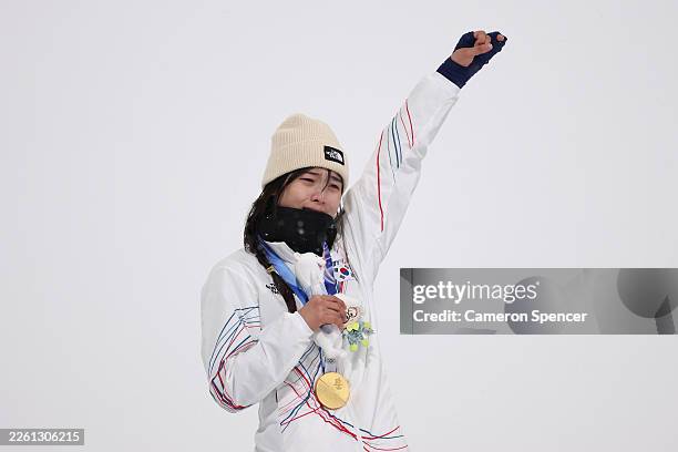 Gold medalist Gaon Choi of Team Republic of Korea celebrates during the medal ceremony for the Women’s Snowboard Halfpipe on day six of the Milano...