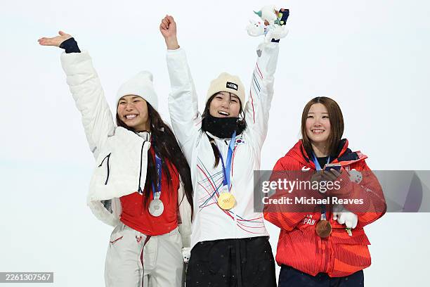 Gold medalist Gaon Choi of Team Republic of Korea, Silver medalist Chloe Kim of Team United States and Bronze medalist Mitsuki Ono of Team Japan...