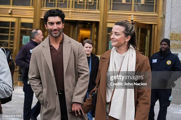 Justin Baldoni and Emily Baldoni arrive at court for continued settlement talks on February 12, 2026 in New York City.