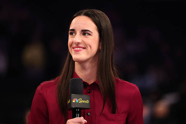 Caitlin Clark talks on stage as she joins NBC’s Sunday Night Basketball prior to the game between the Los Angeles Lakers and New York Knicks at...