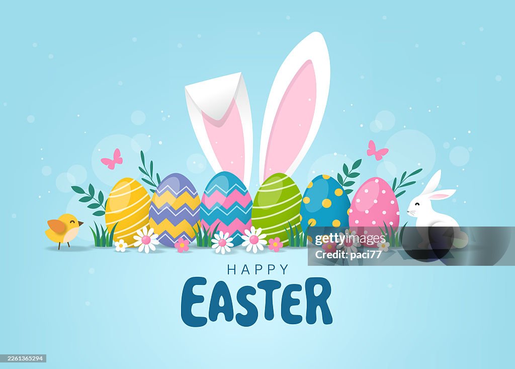 Easter greeting card with decorated Easter eggs, bunnies, chicks and text Happy Easter