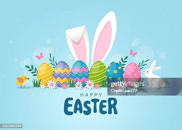 easter greeting card with decorated easter eggs, bunnies, chicks and text happy easter - easter stock illustrations