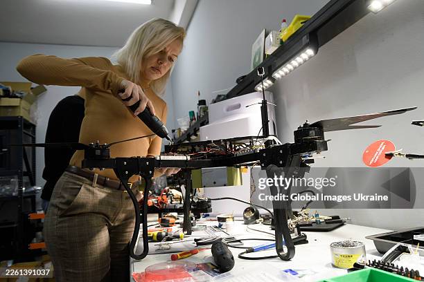 Volunteer of charitable foundation "April" assembles FPV Drones in drone workshop on February 12, 2026 in Lviv, Ukraine. Since 2023, the foundation...