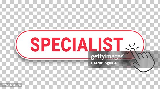 Specialist - 3D click web button with hand cursor on blank background Specialist - 3D click web button with hand cursor on blank background