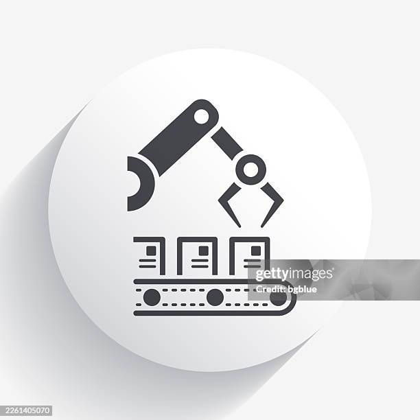 robotic arm on production line. icon on circle button with long shadow - robotic process automation manufacturing stock illustrations