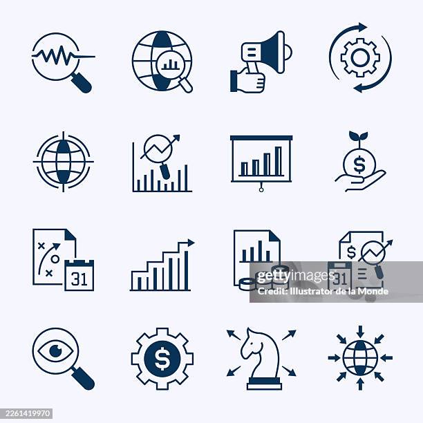 business intelligence and strategic financial analysis outline line art icons set - target market stock illustrations