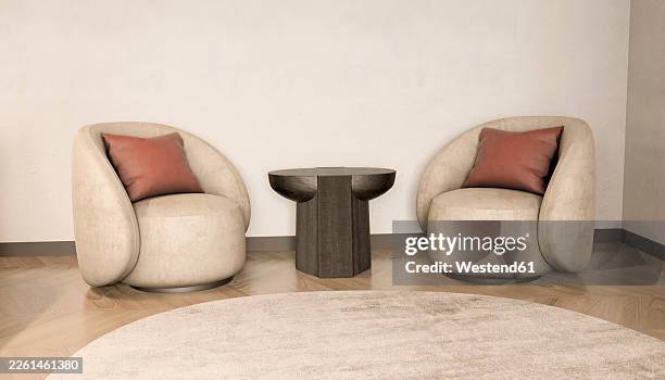 modern office lounge with sofa chair and round side table 3d render - side table stock illustrations