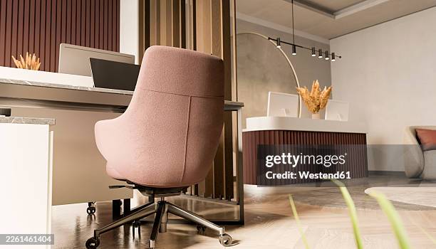 modern office workspace with ergonomic chair and reception desk - reception table stock illustrations
