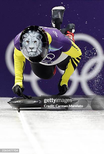 Kim Meylemans of Team Belgium competes during Women's Skeleton Heat Two on day seven of the Milano Cortina 2026 Winter Olympic games at Cortina...