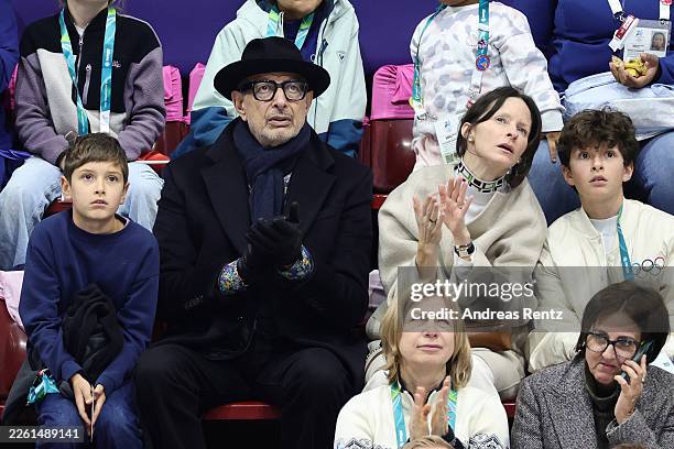 Jeff Goldblum and his wife Emilie Livingston and son's attend the Men Single Skating on day seven of the Milano Cortina 2026 Winter Olympic games at...