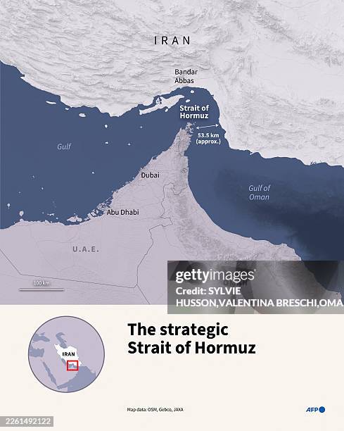 Infographic with a map of the Strait of Hormuz, a vital chokepoint for global oil shipments linking the Gulf and the Gulf of Oman
